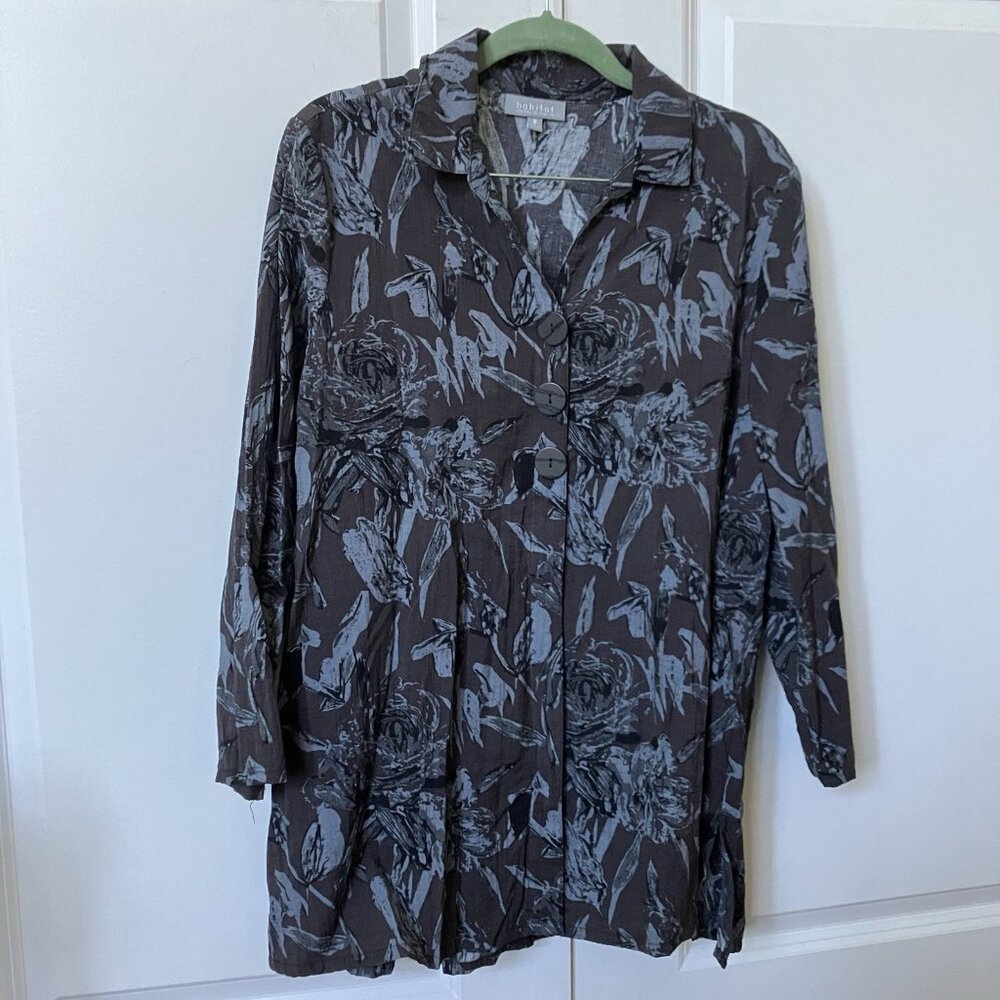 Habitat‎ Button Up Shirt Womens M Blue Gray Floral Blouse Linen Blend